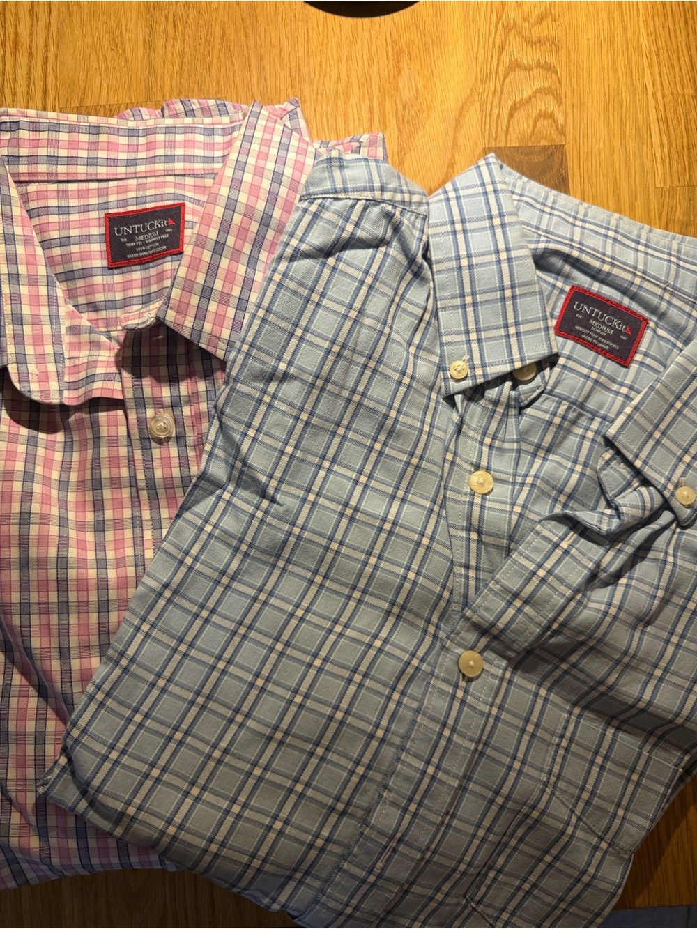 Pair of UNTUCKit Men's Plaid Button-Down Shirts in Blue and Pink